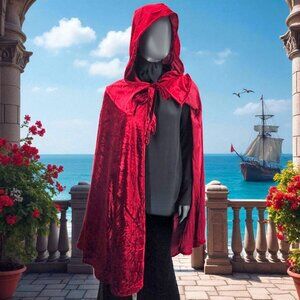 Von Lancelot Hooded Crushed Red Velvet Cape Cloak Halloween 40"L One SZ Costume